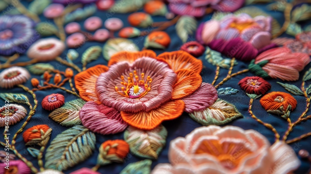 Floral embroidery with intricate patterns and vibrant thread colors Floral embroidery with intricate patterns and vibrant thread colors