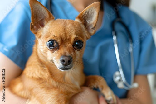 Cropped image of veterinarian doctor with stethoscope holding cute pet puppy dog in his arms