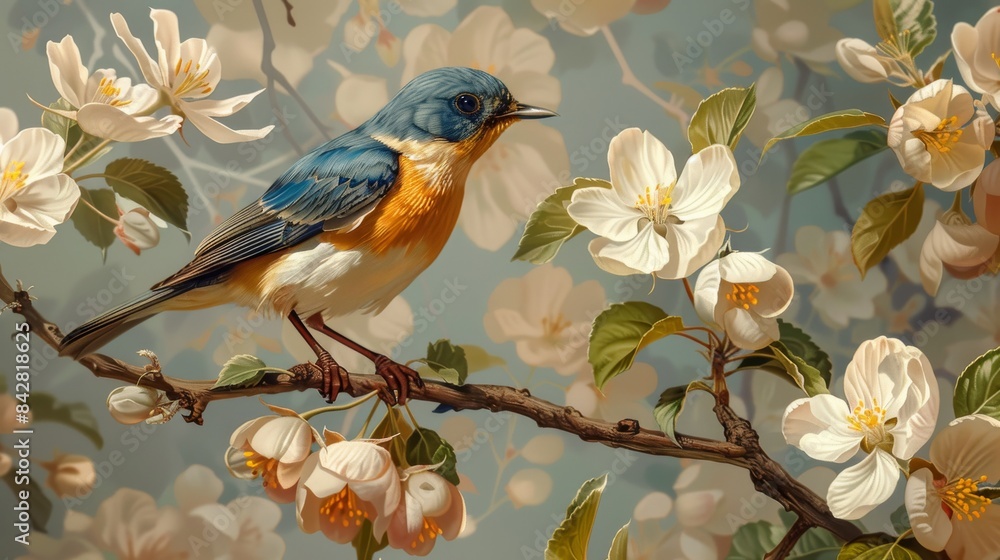 A bird sits on a blossoming apple branch. Stock. A bird sits on a blossoming apple branch. Stock.