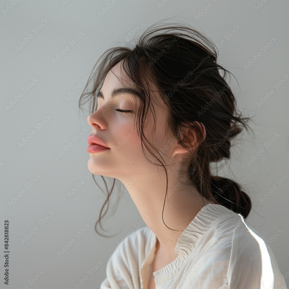 Elegant Woman in Natural Light, Minimalist Portrait with Soft Lighting and Natural Makeup Elegant Woman in Natural Light, Minimalist Portrait with Soft Lighting and Natural Makeup