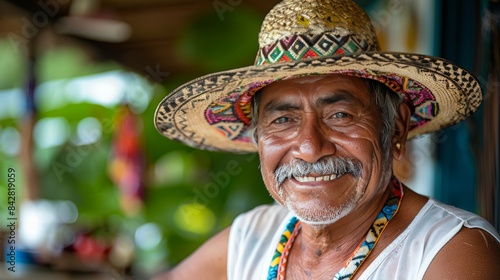 Elderly man with horse on a fruit farm. Bright colors.