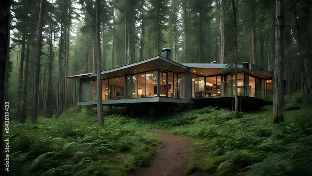 A dream house is in the forest, beautiful home with lights in the jungle A dream house is in the forest, beautiful home with lights in the jungle