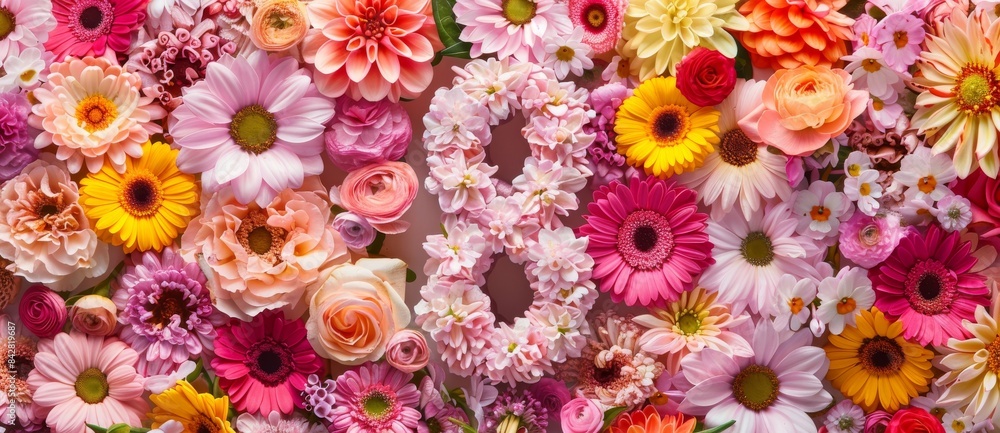 custom made wallpaper toronto digitalThe pink flowers are arranged in the shape of an 8 over a colorful background. This is a stock  image for Women's Day on March 8th.