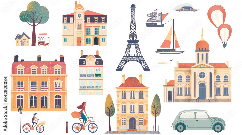 Fototapeta premium France and Paris cute flat illustrations of Eiffel tower, alleys, street, houses, woman on bicycle, triumphal arch, car on white background. France travel, landmarks. Sticker set