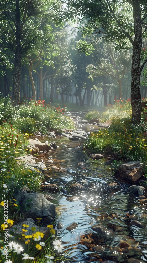Obraz premium A tranquil forest stream, realistic.
