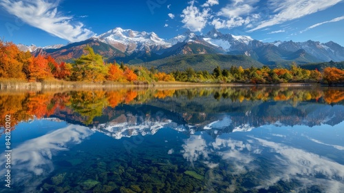 A tranquil alpine lake reflects the beauty of snowcapped mountains and vibrant autumn foliage under a clear blue sky