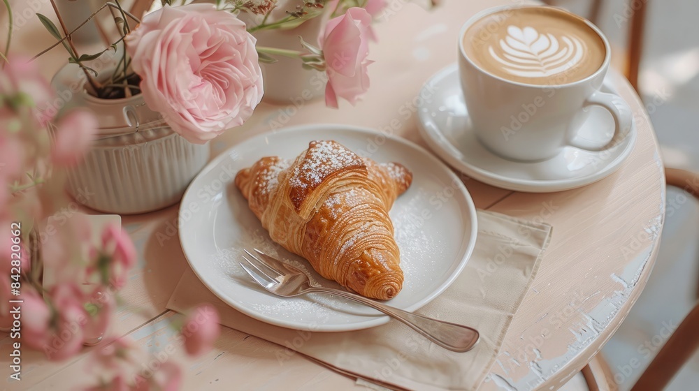 A plate of croissants and a cup of coffee coffee and pastries cappuccino cup A plate of croissants and a cup of coffee coffee and pastries cappuccino cup