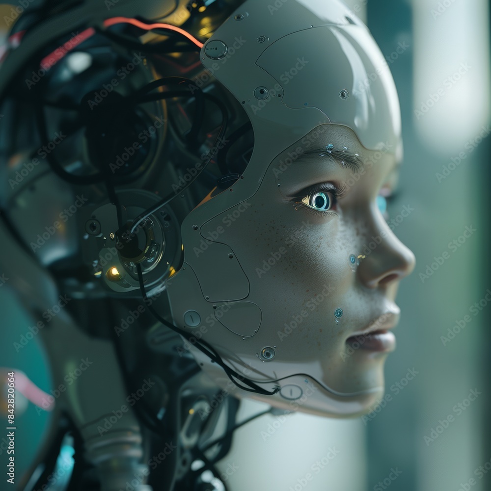 Obraz premium Artifical Intelligence AI, overlay numbers and data against a human face or screen, robots, futuristic tomorrow in the news 