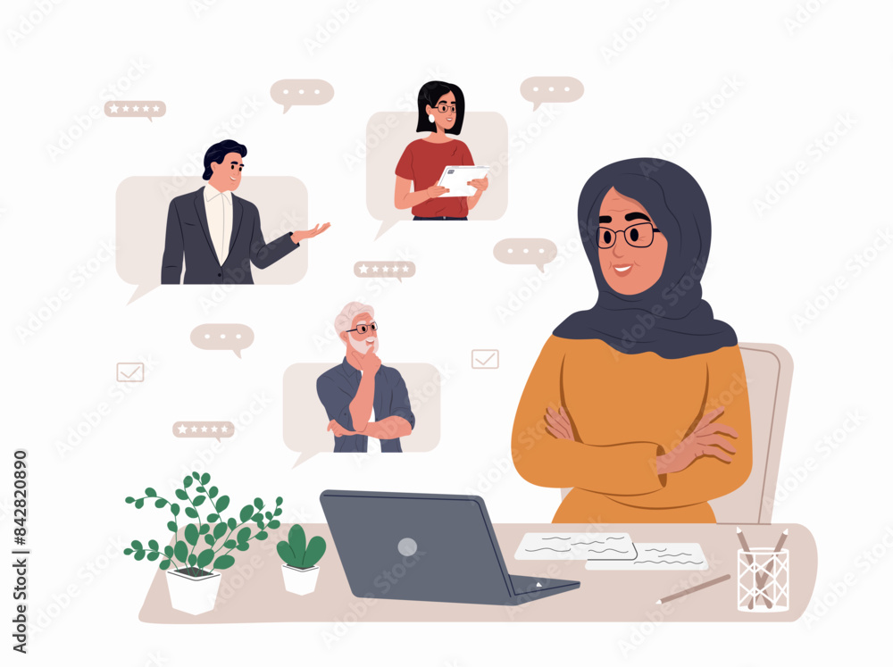 Business online meeting. Office workers discuss project on remote video. Teamwork. Groups of different people work together on corporate projects online Business online meeting. Office workers discuss project on remote video. Teamwork. Groups of different people work together on corporate projects online