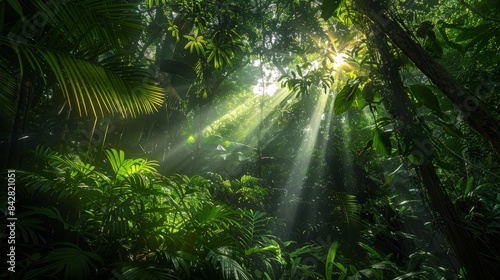 A breathtaking photograph capturing the sunlight filtering through the dense canopy of a tropical rainforest  creating a magical atmosphere