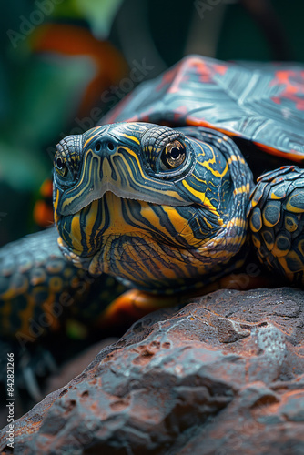 Detailed view of a turtle with under-eye patches, resting on a rock,