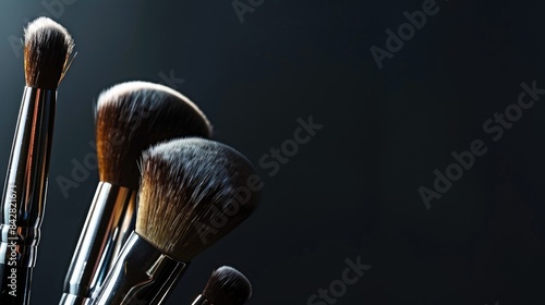 Makeup mastery: Professional-grade brushes set on black, a captivating banner for the beauty industry, offering ample copy space