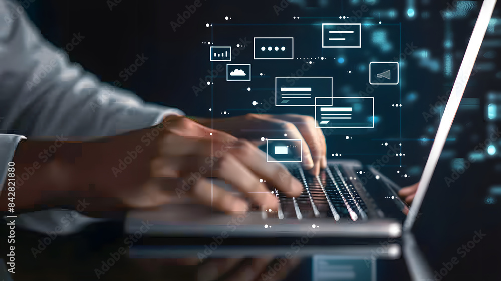 Digital graphic of hands typing on a laptop with digital document icons floating above. virtual documents and data transfer Digital graphic of hands typing on a laptop with digital document icons floating above. virtual documents and data transfer