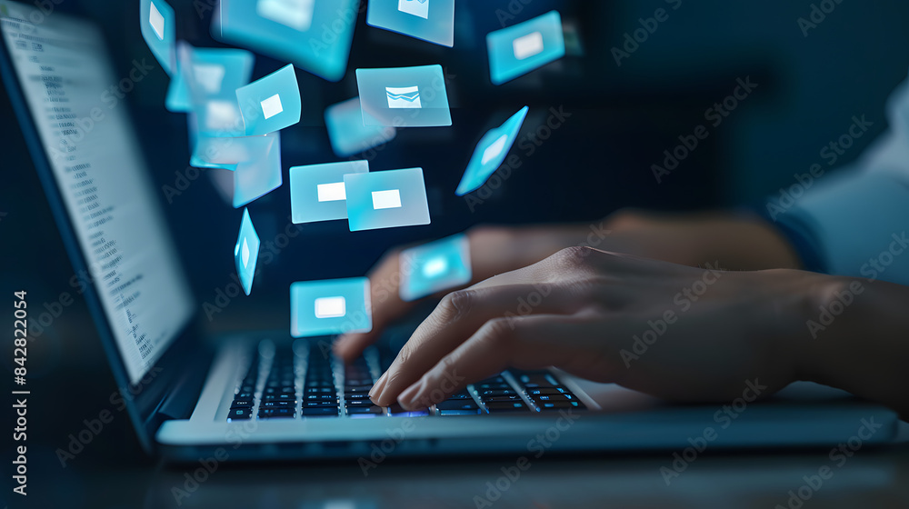 Digital graphic of hands typing on a laptop with digital document icons floating above. virtual documents and data transfer Digital graphic of hands typing on a laptop with digital document icons floating above. virtual documents and data transfer