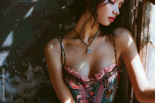 Aesthetic photo of a drag queen in a corseted dress, showcasing an hourglass figure,