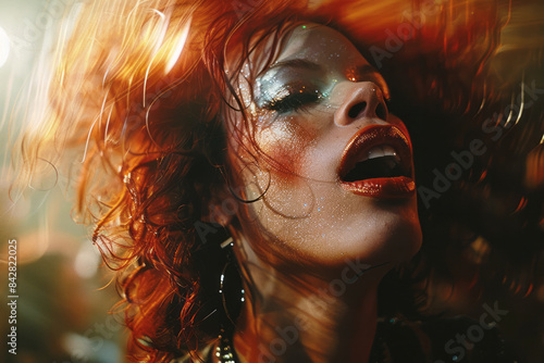 Dramatic shot of a drag queen in mid-performance, with dynamic lighting and shadows,