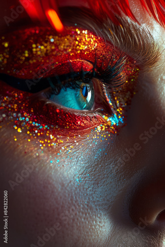 Close-up of a drag queenâ€™s eyes, with intricate eyeliner and bold lashes,