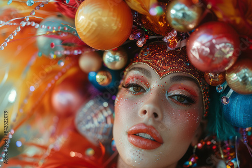 Aesthetic photo of a drag queen surrounded by colorful stage props, exuding theatrical flair,