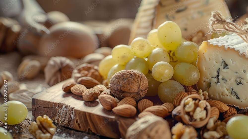 Various of nuts white grapes and cheese platter Various of nuts white grapes and cheese platter