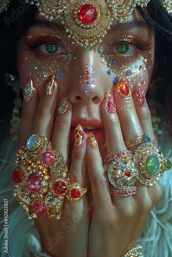 Close-up of a drag queenâ€™s hands adorned with extravagant rings and nail art,