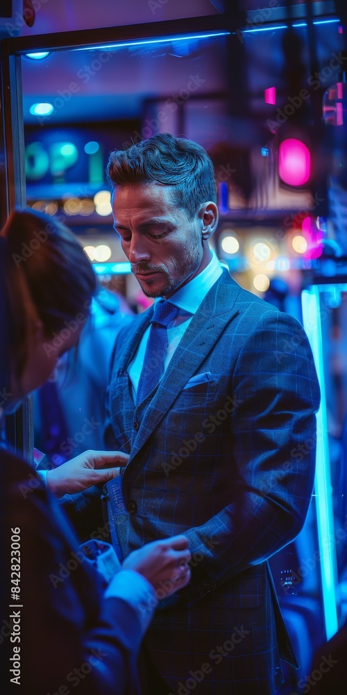 Obraz premium A handsome British gentleman is trying on a suit in a suit shop, and a service staff is measuring his clothes size