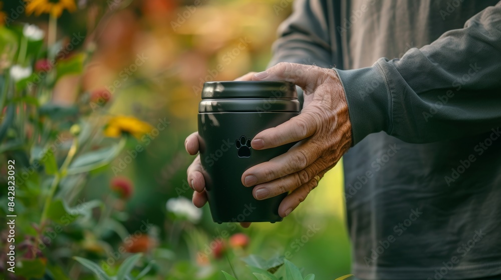 He is holding an urn containing the ashes of his beloved pet. He is holding an urn containing the ashes of his beloved pet.