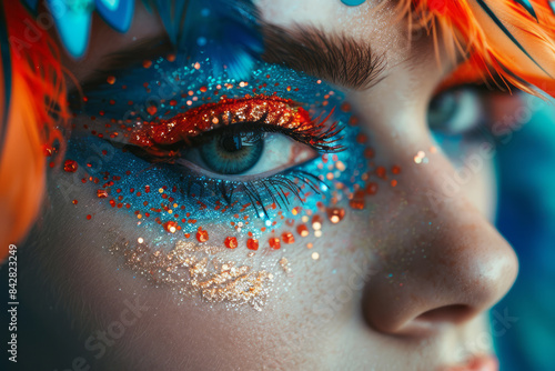 Close-up of a drag queen applying makeup, showcasing artistic skills and creativity,