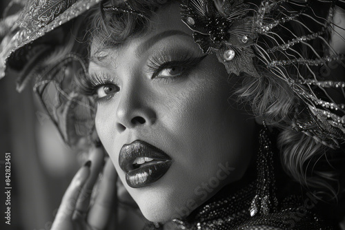 Dramatic image of a drag queen lip-syncing to a powerful ballad, with expressive gestures,