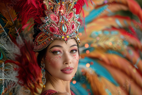 Aesthetic image of a glamorous drag queen in an elaborate costume on stage,