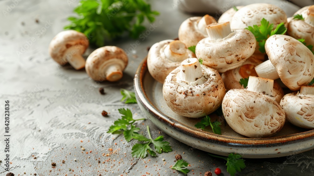 An advertisement of fresh Mushroom, that look delicious and nutritious, with space for text. An advertisement of fresh Mushroom, that look delicious and nutritious, with space for text.