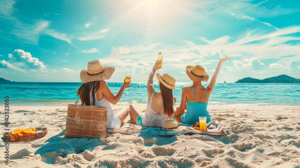 Naklejka premium Happy young women having fun at sunset beach in summer vacation. Party beach. Blurred people having beach party in summer vacation. Concept of travel and summer vacation