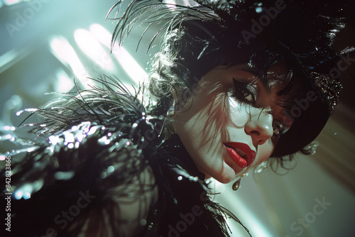 Dramatic shot of a drag queen in mid-performance, with dynamic lighting and shadows,