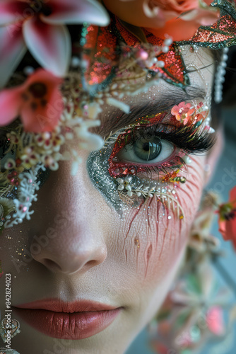 Close-up of a drag queenâ€™s intricate makeup and elaborate hairstyle,