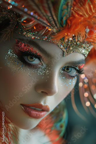 Close-up of a drag queenâ€™s intricate makeup and elaborate hairstyle,
