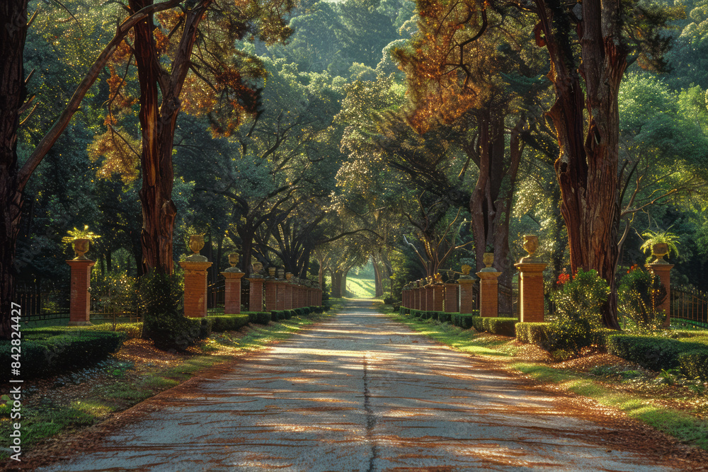 Elegant landscape design featuring a tree-lined avenue and a grand entrance gate, Elegant landscape design featuring a tree-lined avenue and a grand entrance gate,