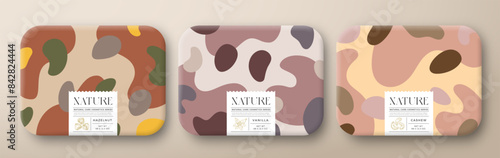 Fruit Bath Cosmetics Package Boxes Set. Vector Wrapped Paper Containers with Care Label Design. Modern Typography and Hand Drawn Nuts, Vanilla. Abstract Camo Background Pattern Layout Isolated