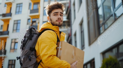 He smiles as he holds a package during a delivery service. Stock photo