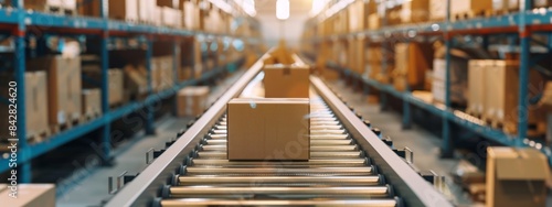 Conveyor belt in distribution warehouse with row of cardboard box packages for e-commerce delivery and automated logistics concept as wide banner with copy space area - generative artificial intellige photo