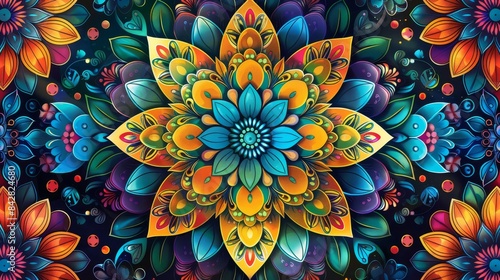 Floral mandala with symmetrical patterns and vibrant colors