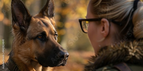 A young woman dog handler and a German shepherd outdoors. The work of a female  professional dog handler. Service dogs. The concept of training service dogs. © Olga