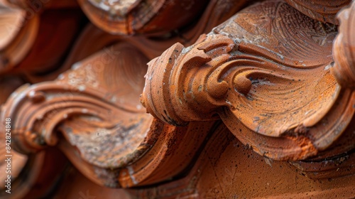 A close up of a red tile roof with a curved design