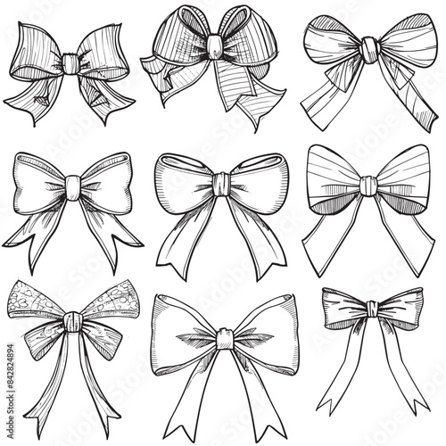 Set of sketched bow and ribbon.  line art vector