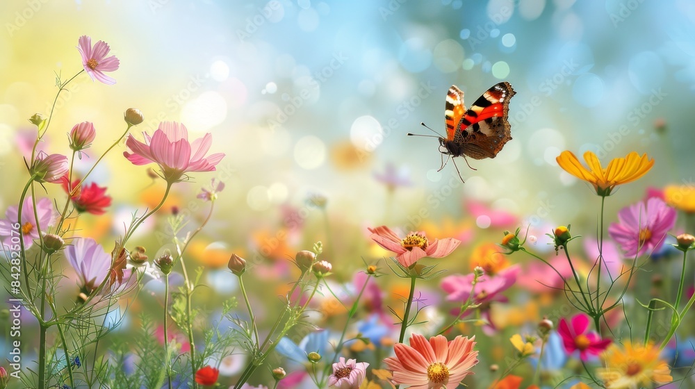 The sky background is a beautiful meadow with colorful flowers and a butterfly. A virtual reality scenario. The sky background is a beautiful meadow with colorful flowers and a butterfly. A virtual reality scenario.