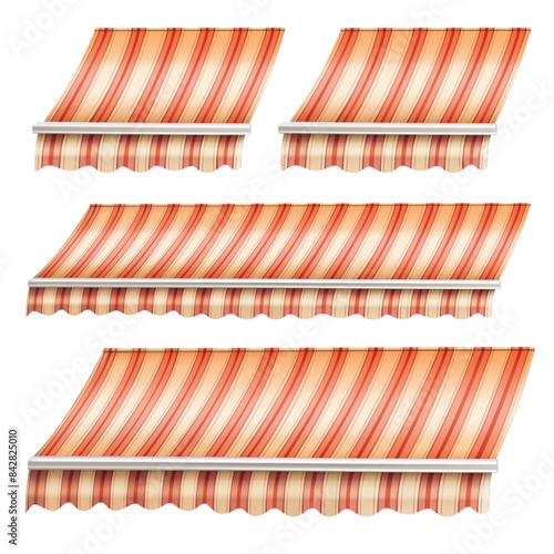 Shop canopy, store awning set. Tents, sunshades with red stripes isolated on white background