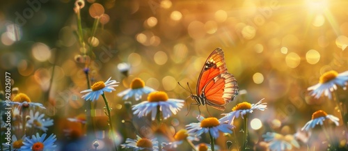 The setting sun rays shining on a butterfly on a flower in the garden. Stock.