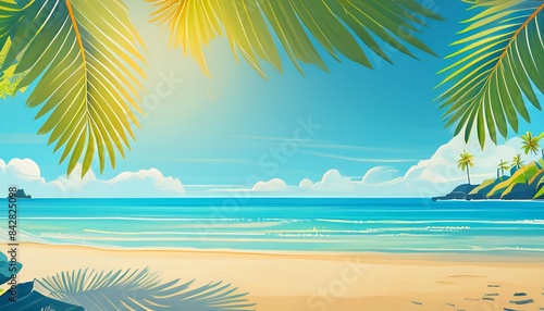 Summer and Travel concept design. Clean landscape of sea and beach. Beautiful nature palm leaf on tropical beach with sun light abstract background with copy space. Vector illustration  AI