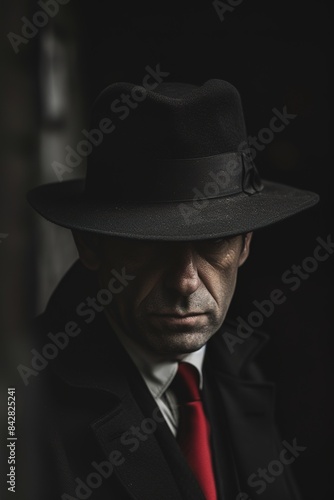 Man in Fedora hat shadows his face with a mysterious look.