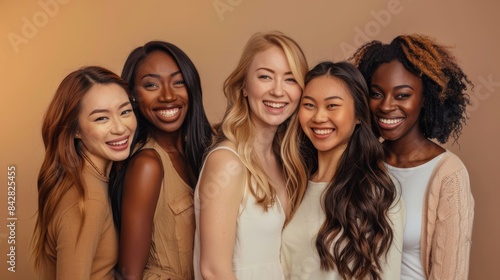A group of smiling multicultural women looking into the camera.