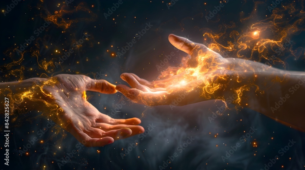 Fototapeta premium Hands Reaching into Ethereal Light Symbolizing Hope and Spiritual Connection