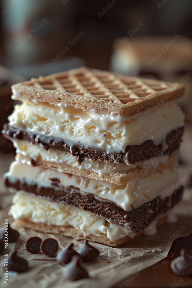 Macro close-up of ice cream sandwich being bitten into, showing layers, Macro close-up of ice cream sandwich being bitten into, showing layers,